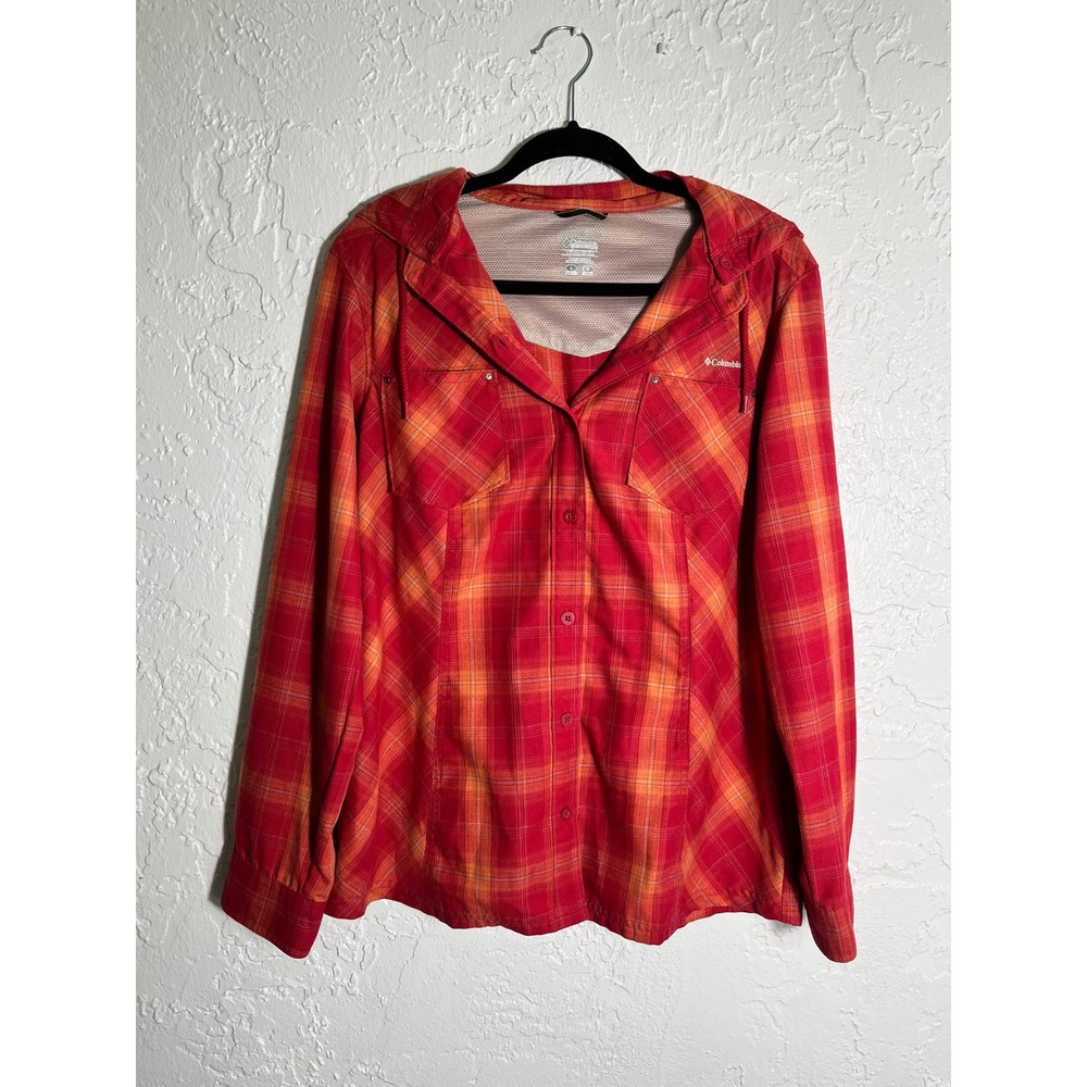 Columbia Titanium Womens Red Orange Plaid Hooded Button‎ Up Shirt Large Hiking